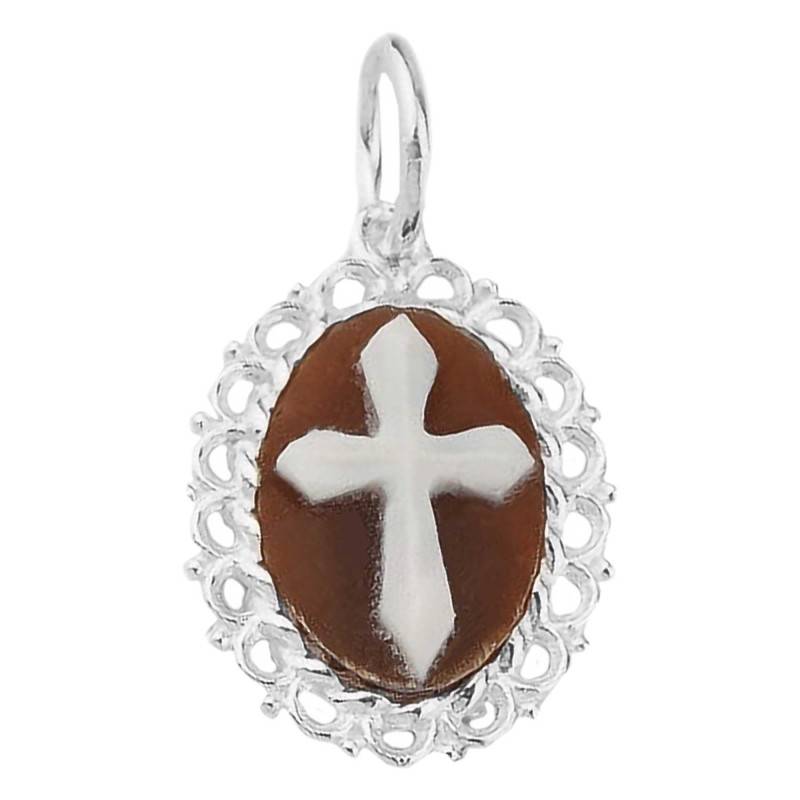 Brown Cameo Cross & White Openwork Outline Pendant in 925 Silver - Emanessence