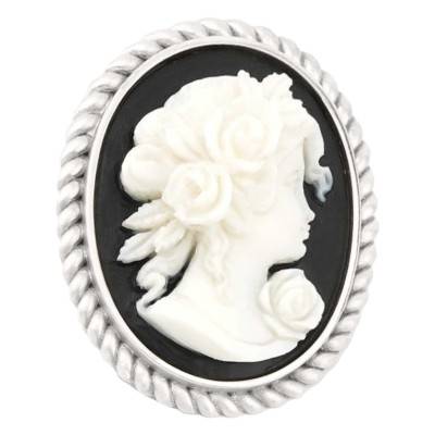 Broche Camée Visage Femme de Profil, Noir & Argent - Emanessence