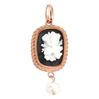 Pendentif Camée Fleur et Pampille Perle, Noir & Doré Rose - Emanessence
