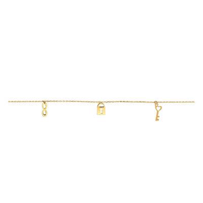 375 Yellow Gold Heart, Infinity, Padlock and Key Dangle Charm Bracelet, 16 cm to 18 cm, 0.30 mm Width - Emanessence