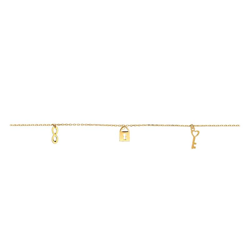 375 Yellow Gold Heart, Infinity, Padlock and Key Dangle Charm Bracelet, 16 cm to 18 cm, 0.30 mm Width - Emanessence
