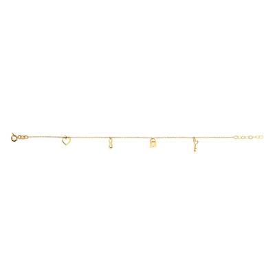 375 Yellow Gold Heart, Infinity, Padlock and Key Dangle Charm Bracelet, 16 cm to 18 cm, 0.30 mm Width - Emanessence