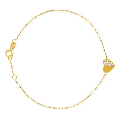 375 Yellow Gold Two-Tone Heart Bracelet, Adjustable Length 18 cm to 19 cm, Width 1 mm - Emanessence