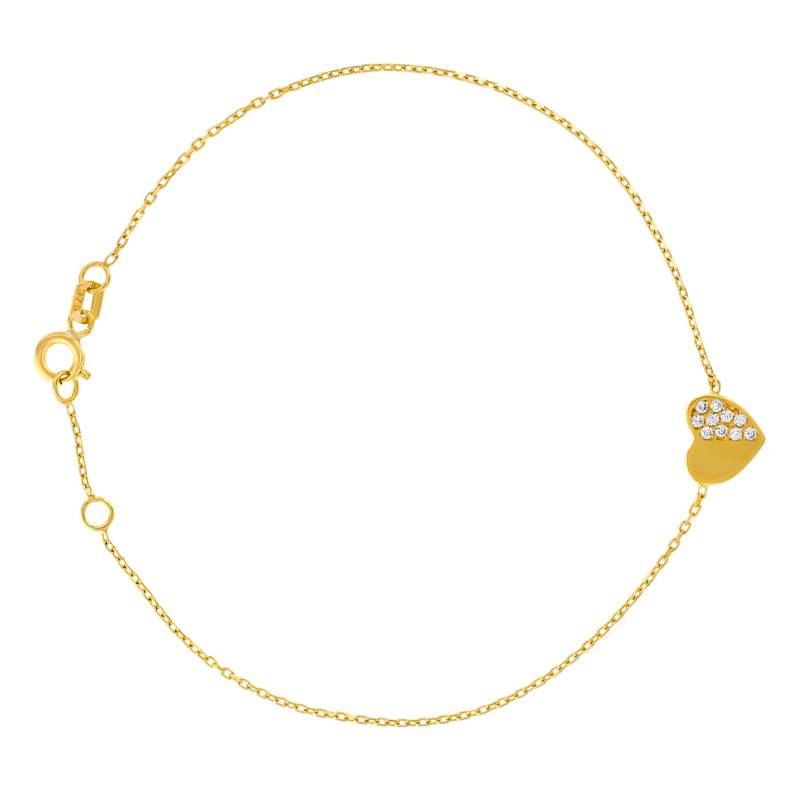 375 Yellow Gold Two-Tone Heart Bracelet, Adjustable Length 18 cm to 19 cm, Width 1 mm - Emanessence