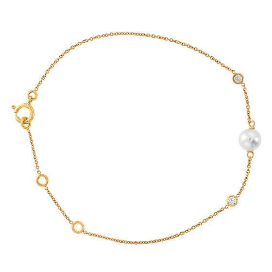 Bracelet En Plaqué Or Jaune 18 Carats Avec Perle De Culture D'eau Douce Blanche - Bijou Neuf Rose-Mimosa