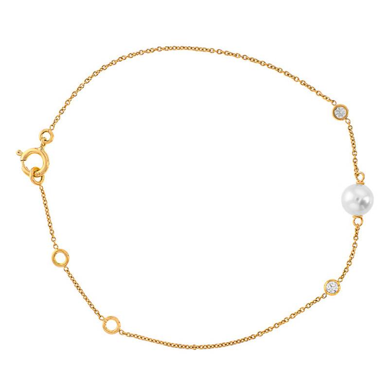 750/1000 Yellow Gold Freshwater Cultured Pearl & Cubic Zirconia Bracelet, Length 16 cm to 18 cm - Emanessence