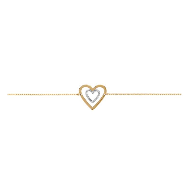 Two-Tone 375/1000 Gold Diamond-Cut Double Heart Bracelet, Length 18.5 cm, Width 0.50 mm - Emanessence