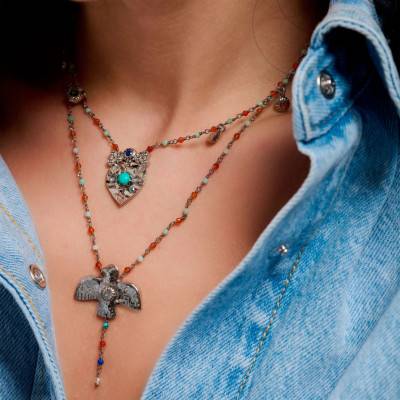 Collier Rosaria Argenté & Pierres Multicolores, Longueur 46 à 51 cm - Hipanema