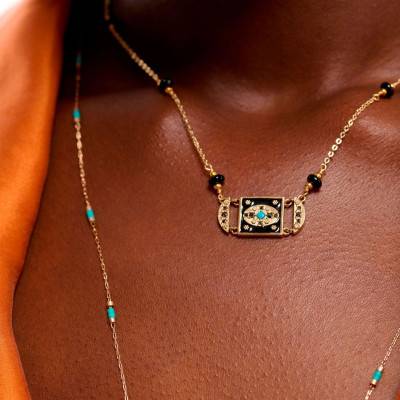 Venera Gold & Pearl Necklace, Black Enamel & Rhinestones, Length 35 cm to 40 cm - Hipanema