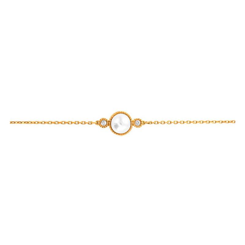 750/1000 Yellow Gold, Cultured Pearl & Diamond Bracelet, Length 16.5 cm to 18 cm - Emanessence