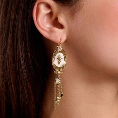 Altor White Enamel & Rhinestone Gilded Buffalo Head Drop Earrings - Hipanema