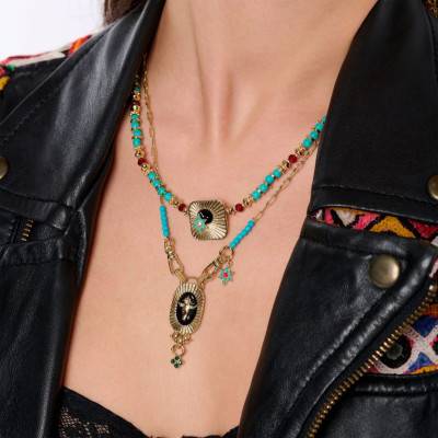 Tauri Gold Buffalo Head Necklace & Pearls, Black Enamel and Rhinestones, Length 47 cm - Hipanema