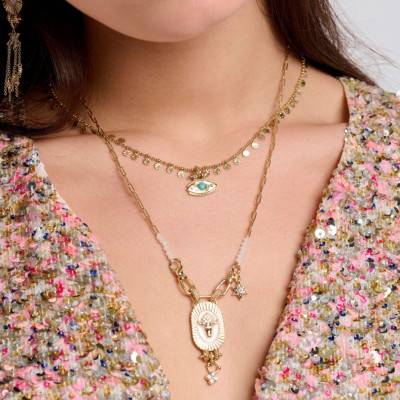 Collier Tauri Tête de Buffle Doré, Émail, Perles & Strass Blancs, Longueur 47 cm - Hipanema