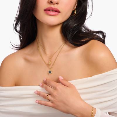 "Yellow Gold-Plated & Cubic Zirconia and Sapphire Black Heart Necklace, Length 40 cm to 45 cm, Width 2.30 mm - KE2297-995-1" - Thomas Sabo