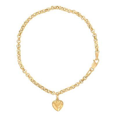 Yellow Gold Rolo Chain Heart Charm Bracelet, Length 18.50 cm, Width 2 mm - Emanessence