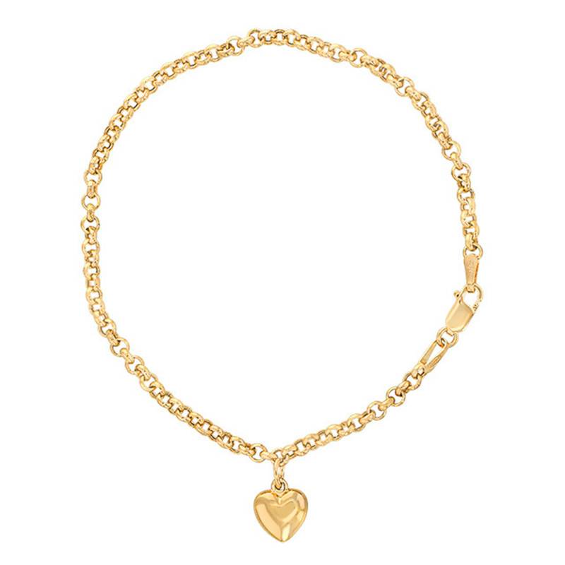 Yellow Gold Rolo Chain Heart Charm Bracelet, Length 18.50 cm, Width 2 mm - Emanessence