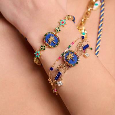 Manchette Dawn Multi-liens Dorée, Perles & Strass Multicolores, Longueurs 16 cm à 18 cm - Hipanema