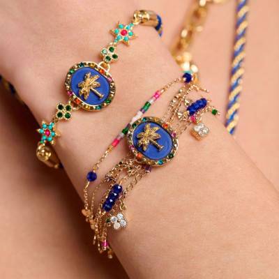 Bracelet Revery Doré, Polyester & Pierres Multicolores, Longueur 15,50 à 18,50 cm - Hipanema