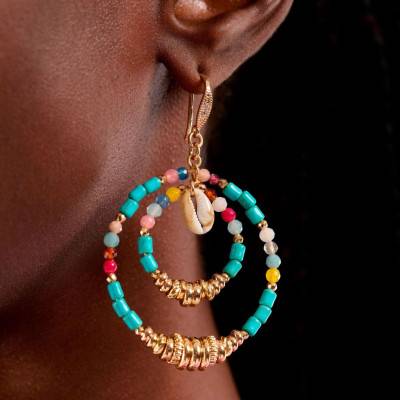 Boucles d'oreilles Karamba Dorées , Perles Turquoises & Coquillages - Hipanema