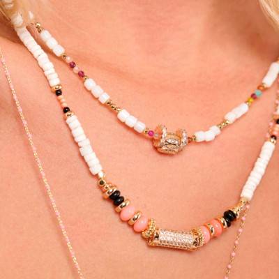Gold-Plated Bouhou Necklace with Zirconium Oxides & Beads, Length 47 cm to 52 cm - Hipanema