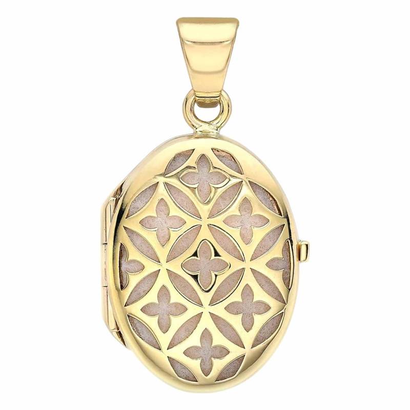 Yellow Gold 375 Oval Clover Photo Locket Pendant - Emanessence