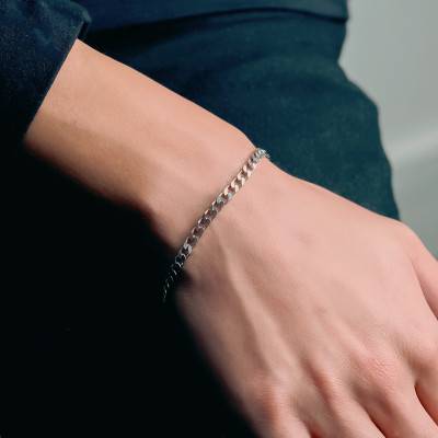 925 Silver Curb Chain Bracelet, Length 18 cm to 21 cm, Width 4 mm - Manillon