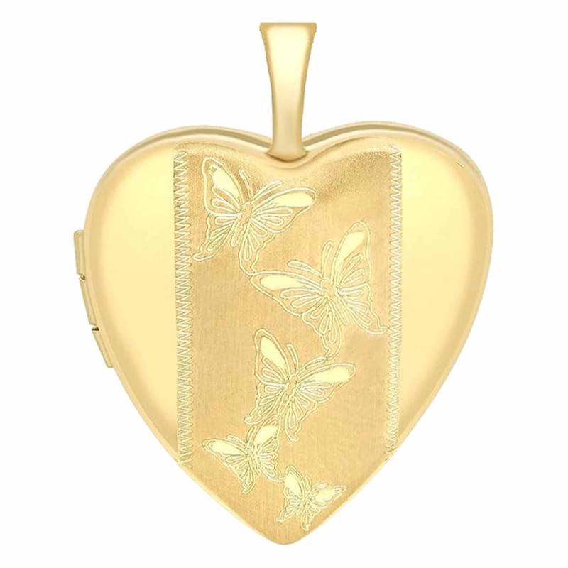 Yellow Gold 375 Heart Butterfly Photo Locket Pendant - Emanessence