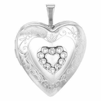 Pendentif Porte Photo Coeur Texturé en Argent 925 & Cristaux - Artemis