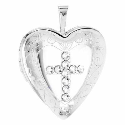 Pendentif Porte Photo Coeur Croix en Argent 925 & Cristaux - Artemis