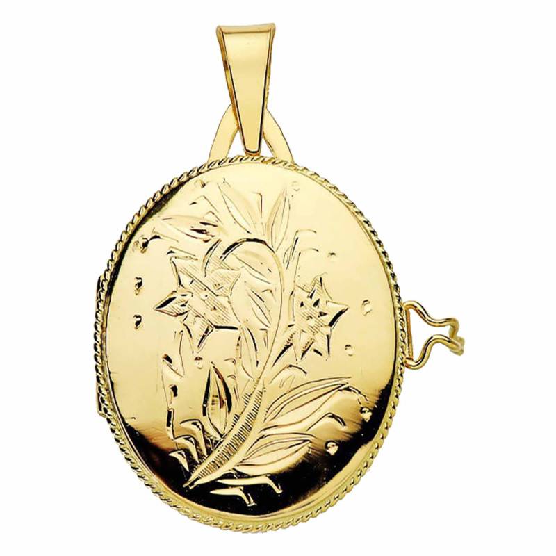 Yellow 750/1000 Gold Oval Flower Motif Photo Pendant - Emanessence