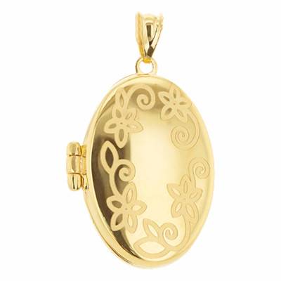 Pendentif Porte Photo Ovale Fleuri en Or Jaune 375 - Emanessence