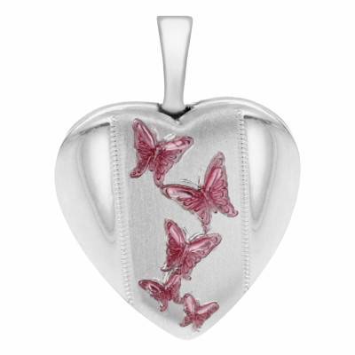 Pendentif Porte Photo Coeur Papillons Roses en Argent 925 - Artemis