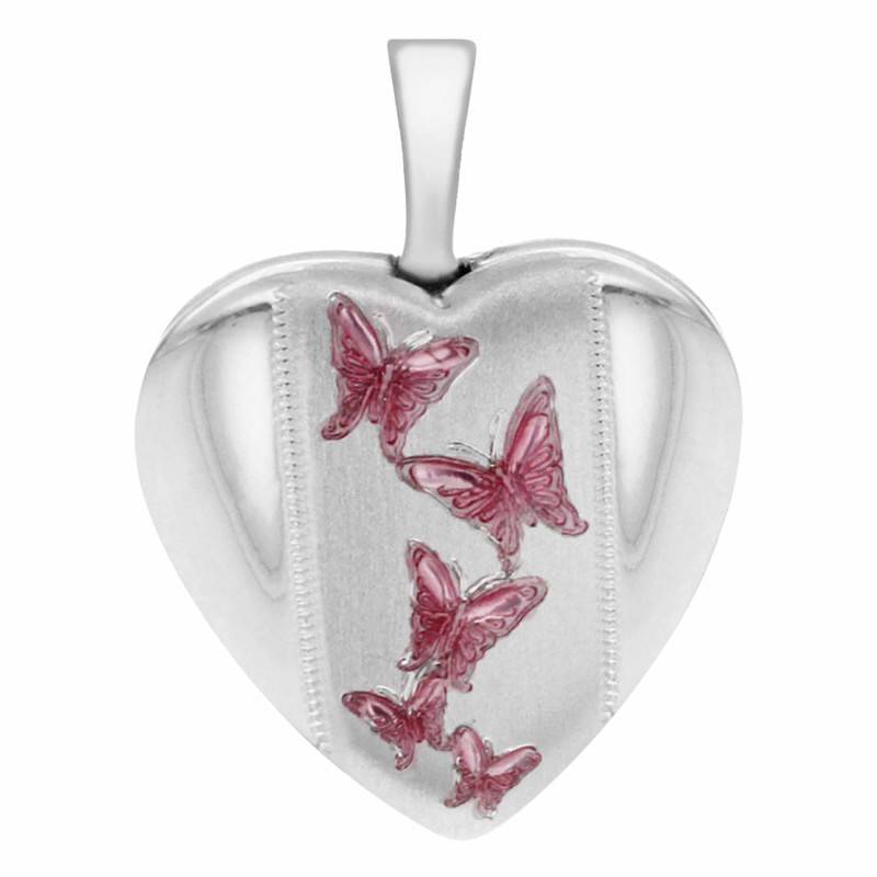 925 Silver Pink Butterfly Heart Photo Locket Pendant - Artemis