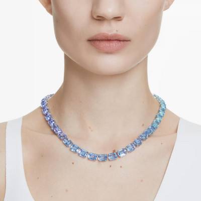 Rhodium-Plated Metal & Blue Crystals Tennis Millenia Necklace, Length 38 cm to 43 cm - 5694136 - Swarovski