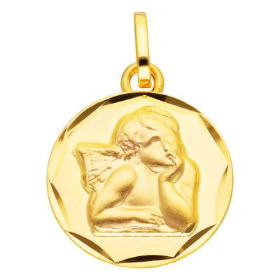 375 Yellow Gold Lapidary Pensive Angel Medal, Diameter 13 mm - Vandona