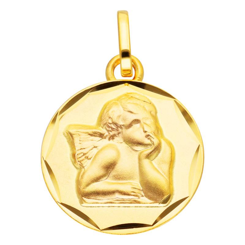 375 Yellow Gold Lapidary Pensive Angel Medal, Diameter 13 mm - Vandona