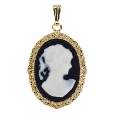 Large Size Black & White Female Profile Gold-Plated Cameo Pendant - Emanessence