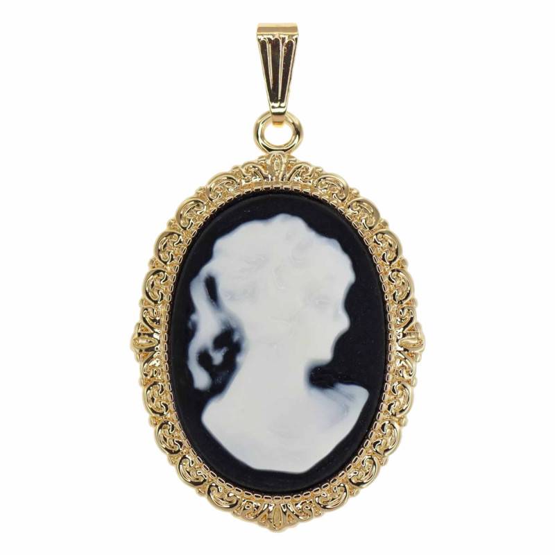 Large Size Black & White Female Profile Gold-Plated Cameo Pendant - Emanessence