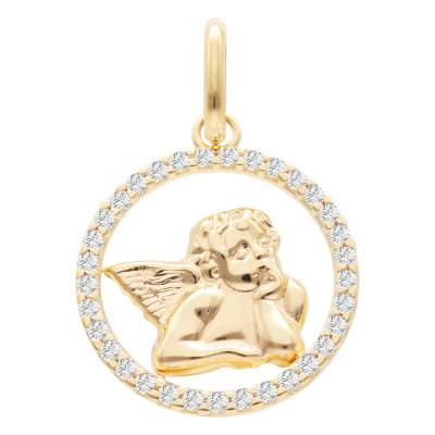Médaille Ange Pensif Ajourée en Or Jaune 375 & Oxydes de Zirconium Blancs, Diamètre 15 mm - Vandona