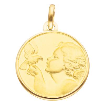 750/1000 Yellow Gold Angel with Bird Medal, 19 mm Diameter - Vandona