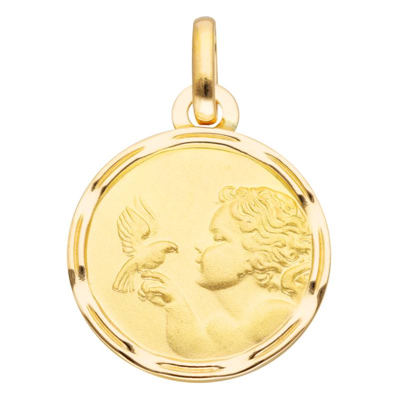 750 Yellow Gold Round Angel with Bird Medal, 15 mm Diameter - Vandona