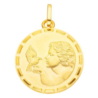 Médaille Ange à l'Oiseau en Or Jaune 750, Diamètre 15 mm - Vandona
