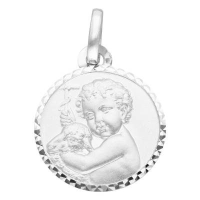 Médaille Ange à l'Agneau Facettée en Or Blanc 750, Diamètre 15 mm - Vandona