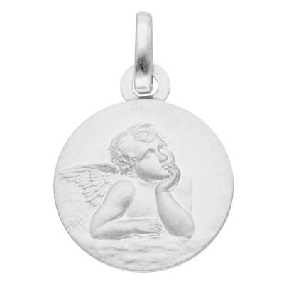 Médaille Ronde Ange Pensif en Or Blanc 750, Diamètre 16 mm - Vandona