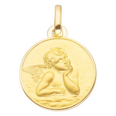 375 Yellow Gold Round Pensive Angel Medal, 15 mm Diameter - Vandona
