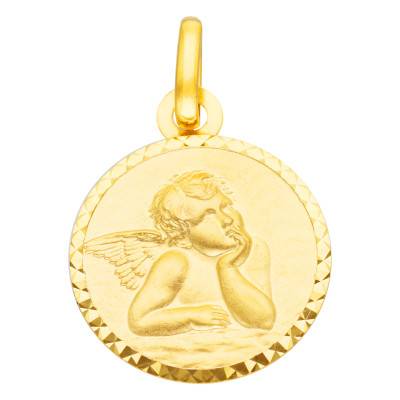 Médaille Ronde Ange Pensif Facettée en Or Jaune 750, Diamètre 15 mm - Vandona