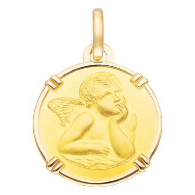 375/1000 Yellow Gold Round Pensive Angel Medal, 16 mm Diameter - Vandona