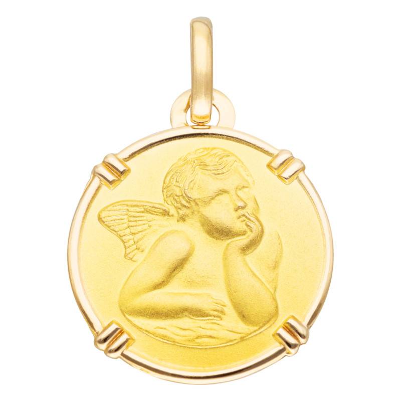 375/1000 Yellow Gold Round Pensive Angel Medal, 16 mm Diameter - Vandona