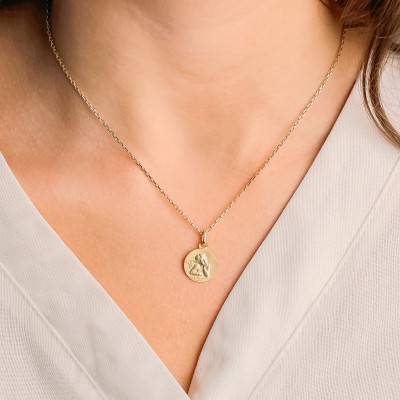 750 Yellow Gold Round Angel Medal, Diameter 14 mm - Vandona