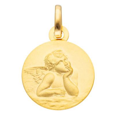 750 Yellow Gold Round Angel Medal, Diameter 14 mm - Vandona
